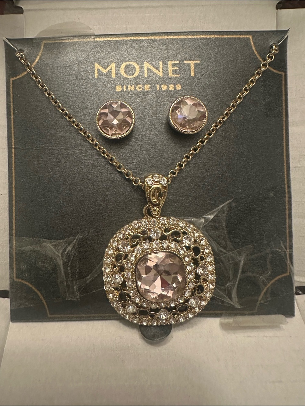 Monet Gold-Tone Necklace and Studs with Blush Pink Stones - Picture 2 of 4